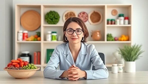A virtual consultation setup with a pet nutritionist discussing dietary plans with a pet owner over a video call, with images of healthy pet food and supplements in the background, conveying expertise and personalized service.