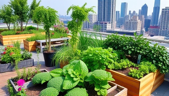 A vibrant rooftop garden oasis with lush greenery, colorful flowers, and a variety of vegetables growing in raised beds, surrounded by city skyscrapers in the background, highlighting the juxtaposition of nature and urban living.