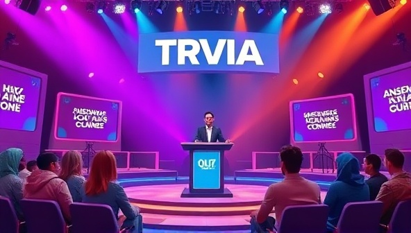 An animated image of a virtual quiz host standing on a digital stage with colorful lights, engaging with an online audience answering trivia questions, creating a vibrant and dynamic atmosphere of a live game show.