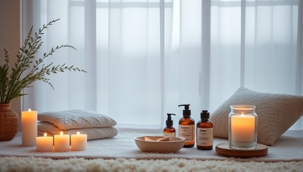 A serene image of a tranquil space with soft lighting, aromatic candles, plush cushions, and a variety of wellness products from Serenity Sanctuary, creating a calming and inviting atmosphere for self-care and relaxation.