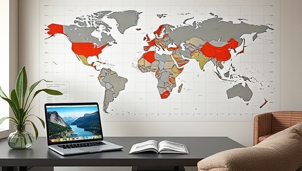 A sleek and modern virtual office setup with a large world map on the wall, a laptop displaying exotic destinations, and a cozy reading nook with travel books, evoking a sense of adventure and wanderlust.