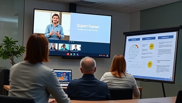 A virtual training session in progress, with an expert trainer leading an interactive workshop via video conference, participants engaging with the content on their screens, and a virtual whiteboard displaying key learning points, representing dynamic and collaborative virtual learning experiences.