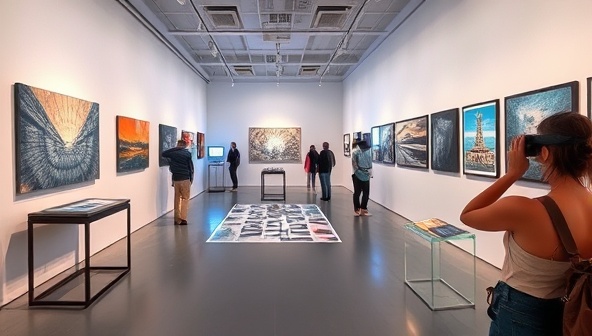 An immersive virtual art gallery setting with digital art installations, interactive displays, and users exploring various art pieces through a VR headset, capturing the blend of technology and creativity in the ArtVista Gallery experience.