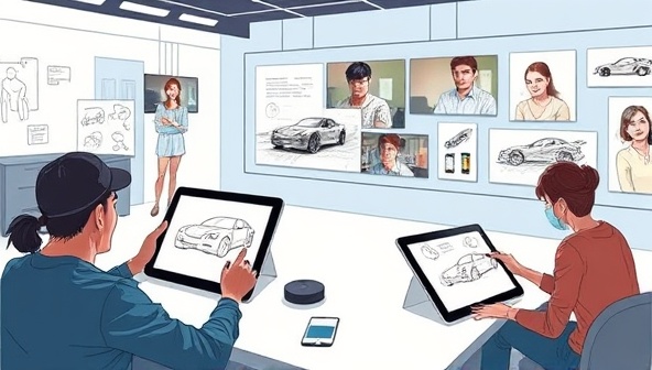 A digital illustration showcasing a virtual design workshop with participants sketching car concepts on tablets, interacting with industry mentors through video calls, and displaying their creations on a virtual gallery wall, fostering creativity and collaboration in the online automotive design community.