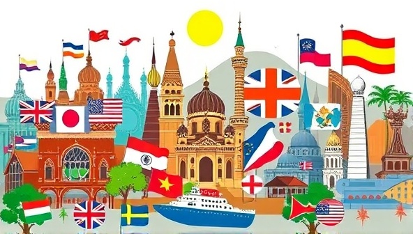 A vibrant and diverse illustration showcasing different cultures and languages represented through flags, landmarks, and traditional symbols, with digital language learning resources and interactive language exercises in the background, promoting the concept of multicultural language learning consultancy.