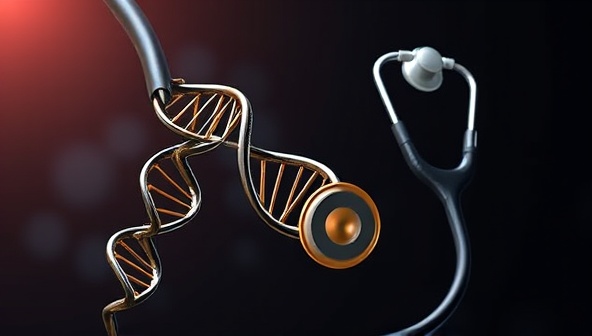 An image of a DNA helix intertwined with a stethoscope, symbolizing the fusion of genetics and healthcare, with a tagline 
