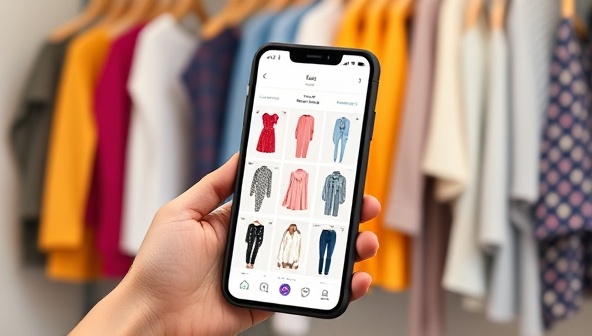 A sleek mobile app interface showcasing a user uploading a photo of a dress and receiving multiple outfit suggestions on their screen, with a colorful wardrobe backdrop, highlighting convenience and style inspiration.