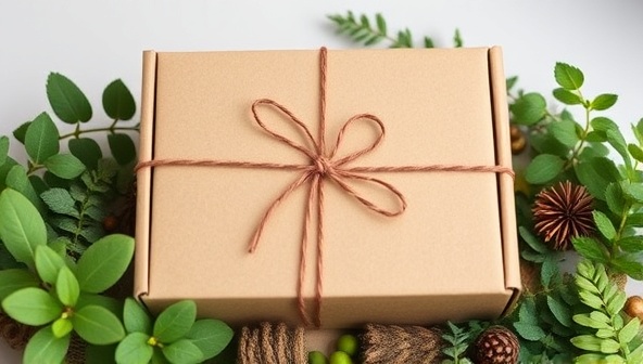 An aesthetic visual of a beautifully packaged eco-friendly gift box surrounded by lush greenery and natural elements, conveying the essence of sustainability and mindful gifting in influencer collaborations.