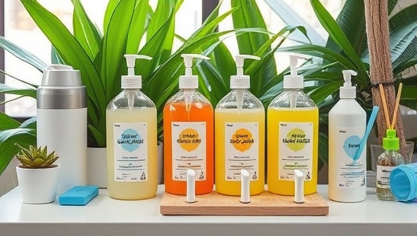 A modern refill station setup with eco-friendly cleaning product dispensers, labeled with natural ingredients and refill instructions, accompanied by reusable bottles and sustainable cleaning accessories, all set against a backdrop of lush greenery and eco-friendly cleaning tools, conveying a sense of sustainability and environmental awareness.
