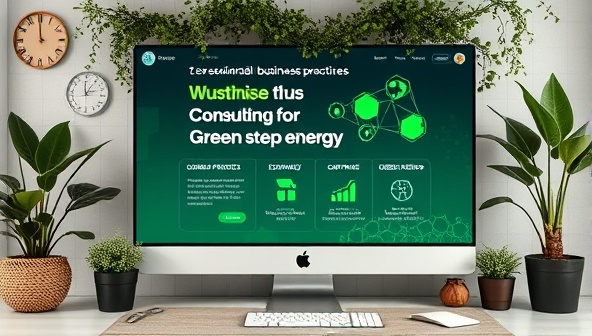 An office setting with a digital screen displaying sustainable business practices, eco-friendly products, and green energy solutions, surrounded by recycled materials and plant decor, symbolizing a commitment to sustainability and eco-conscious consulting services for small businesses.