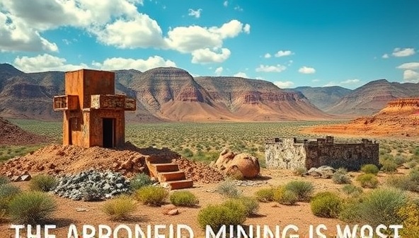 A vibrant image showcasing a transformed landscape where abandoned mining waste is repurposed into beautiful, sustainable structures like furniture or art pieces, illustrating the concept of waste recycling and upcycling.