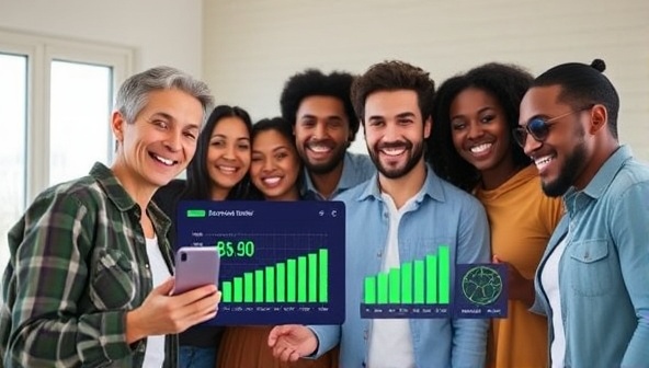 An engaging image of a diverse group of people smiling and looking at a digital screen showing energy consumption data, with green energy icons and graphs displaying savings, conveying the idea of eco-consciousness and technology integration.