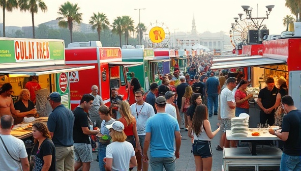 A vibrant and bustling food truck festival scene with colorful trucks lined up, chefs preparing unique fusion dishes, visitors sampling diverse cuisines, and live music performances in the background, capturing the festive and dynamic atmosphere of Culinary Carnivale.