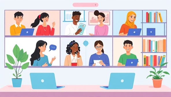 An engaging and multicultural illustration showcasing diverse individuals learning and teaching languages in a virtual classroom setting, representing the inclusive and interactive language learning experience facilitated by LinguaLink Academy.