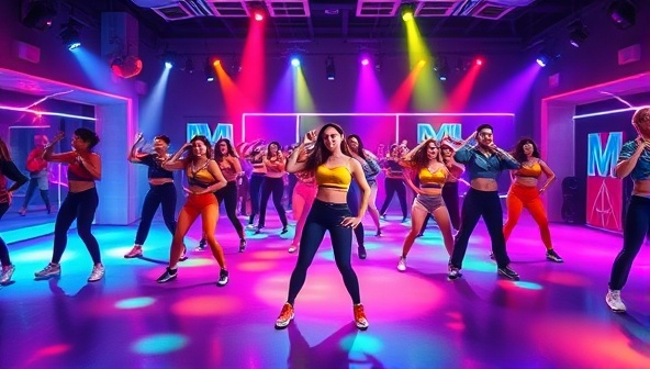 A vibrant digital dance studio with colorful lights, virtual dance floor, and animated avatars of fitness instructors leading a high-energy workout session, surrounded by participants joining in the fun and excitement, embodying a fusion of fitness and entertainment.