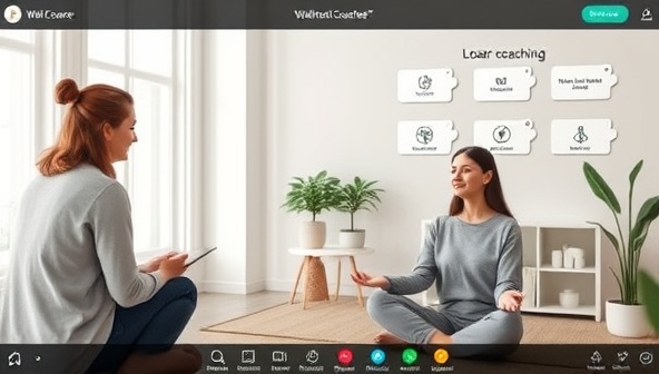 A virtual wellness coaching session featuring a serene setting with a coach providing guidance, a client engaged in a mindfulness exercise, and digital wellness tools and resources in the background, showcasing the personalized and supportive nature of WellNestCoaches.