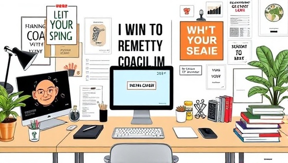 An artistic representation of an entrepreneur's workspace with productivity tools, motivational quotes, and goal-setting visuals, symbolizing focus and progress in a remote coaching environment.