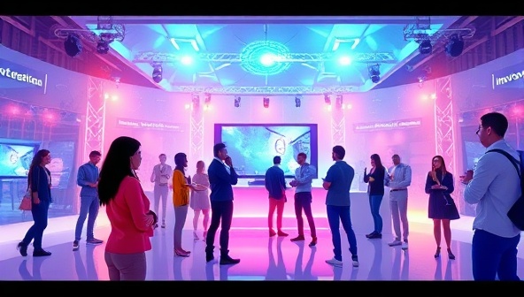 An animated virtual event scene with avatars interacting in a visually stunning virtual world, featuring digital event planning tools and futuristic design elements, representing innovation and connectivity.