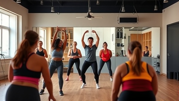An interactive virtual group fitness class scene with participants from diverse backgrounds following an instructor's lead on screen, showcasing energy, diversity, and inclusivity in fitness.