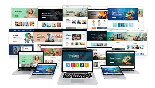 An array of diverse web design templates displayed on digital devices like laptops and tablets, showcasing the versatility and customization options available to subscribers on TemplateHub+, creating a visual representation of design possibilities.