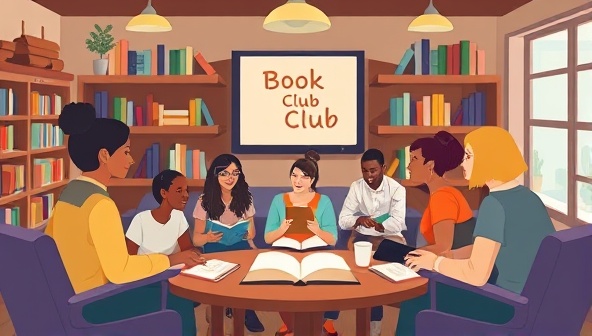 An artistic depiction of a virtual book club meeting with diverse avatars discussing a featured book, sharing writing tips, and engaging in creative activities, set in a cozy and welcoming digital library environment, symbolizing community and literary exploration in the club.