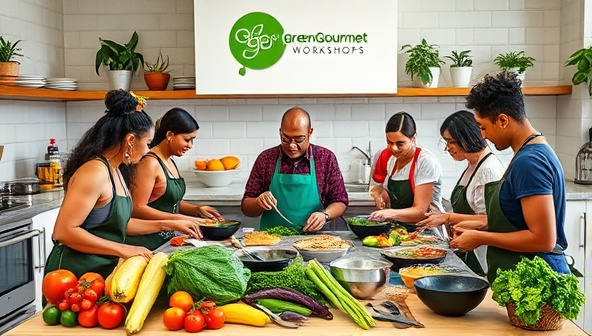 A vibrant kitchen setting with GreenGourmet Workshops branding, showcasing a chef instructing a diverse group of participants in plant-based cooking techniques, surrounded by colorful fresh produce and cooking utensils, exuding creativity and culinary artistry.