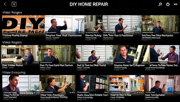 A diverse range of DIY home repair video thumbnails displayed on a digital streaming platform, showcasing various repair topics and expertise levels.