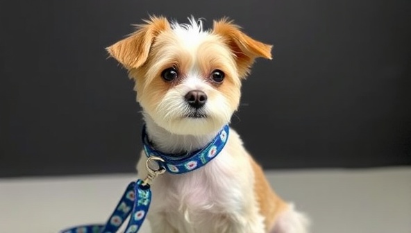 An adorable pet modeling a customized collar and matching leash, showcasing the uniqueness and personal touch of the pet accessories offered by the business.