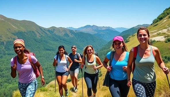 A group of diverse individuals hiking up a scenic mountain trail, wearing fitness gear and smiling, with a backdrop of lush greenery and clear blue skies, showcasing the essence of adventure and fitness in nature.