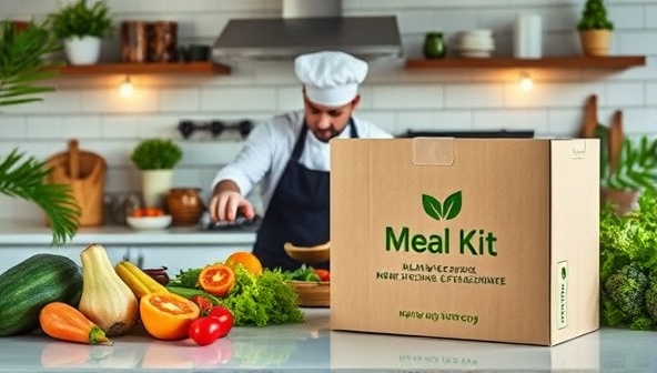 A modern kitchen setting with a chef preparing a colorful plant-based meal kit, surrounded by fresh produce and cooking utensils, with a sleek meal kit delivery box prominently displayed, highlighting the convenience and eco-friendly nature of the service.