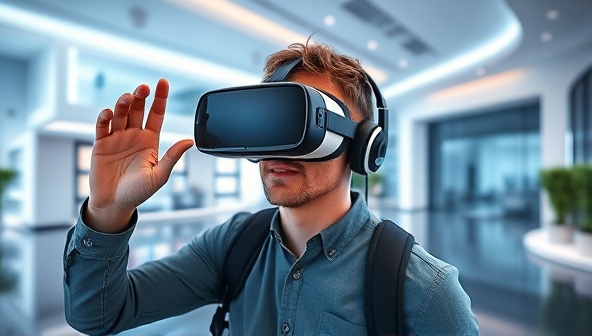 An individual wearing a VR headset, exploring a virtual property tour in a futuristic digital environment, with realistic property details and interactive navigation features, illustrating the innovative and immersive nature of VR property tours.