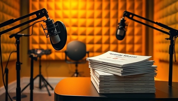 A vibrant podcast studio setup featuring microphones, soundproof panels, and recording equipment, with a stack of branded podcast scripts ready for recording, highlighting the professional and engaging nature of hyperlocal podcast advertising.
