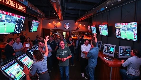 An energetic sports bar scene with customers cheering, playing interactive games, and placing bets on screens, all surrounded by sports memorabilia and a vibrant atmosphere, capturing the excitement and social aspect of ScoreQuest Lounge.