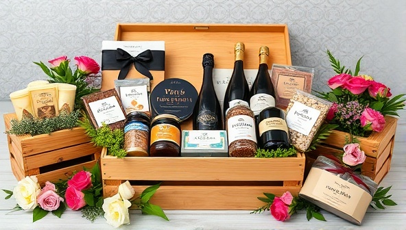 An elegantly designed subscription box overflowing with artisanal gourmet treats, surrounded by rustic wooden crates and fresh flowers, evoking a sense of luxury and indulgence that Gourmet Crate delivers to its subscribers.
