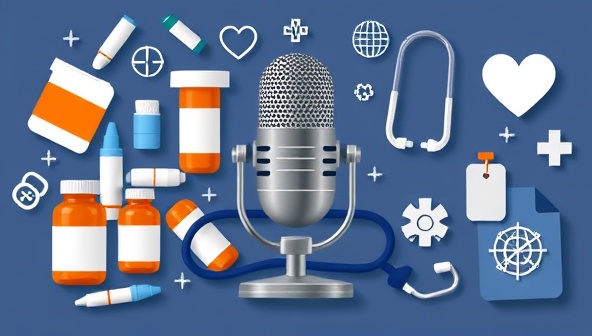 A podcast cover design featuring a microphone surrounded by prescription bottles, stethoscope, and medical icons, symbolizing the intersection of pharmacy knowledge and health discussions in an engaging audio format.