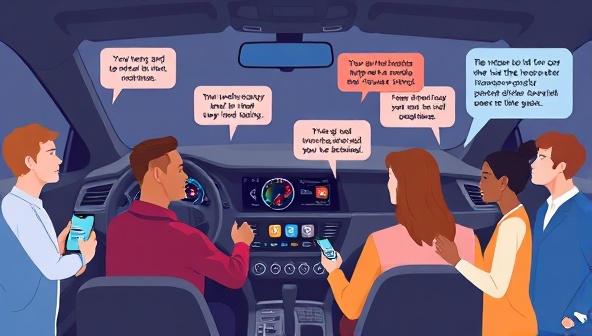 An illustration of a diverse group of people interacting with various car tech systems, including a digital dashboard, voice command features, and smartphone connectivity, with a virtual assistant providing guidance and troubleshooting tips, demonstrating the expertise and support offered by AutoGenius Tech Aid.