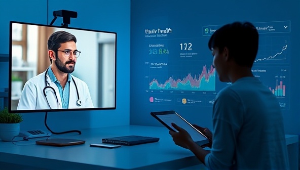 An engaging visual of a telehealth consultation session with a healthcare professional providing advice via video call, a patient taking notes on a digital tablet, and a virtual health dashboard displaying personalized health data, illustrating convenience and personalized care.