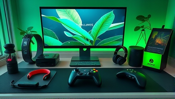 An assortment of stylish and modern eco-friendly gaming accessories displayed on a sleek, environmentally conscious gaming setup, featuring recycled materials and energy-efficient designs, symbolizing a blend of sustainability and gaming innovation.