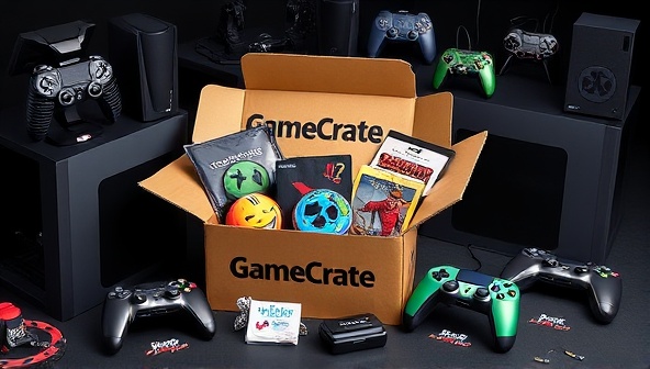 An artistic mockup of the GameCrate Subscription box, featuring a variety of gaming merchandise items neatly arranged in a branded box, surrounded by gaming consoles, controllers, and iconic game characters, creating a visually appealing and enticing image for potential subscribers.