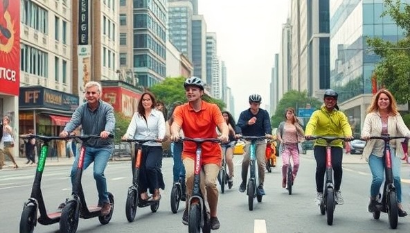 A vibrant cityscape scene featuring diverse individuals of different ages and backgrounds riding electric scooters through bustling streets, showcasing a dynamic and eco-friendly urban mobility solution.