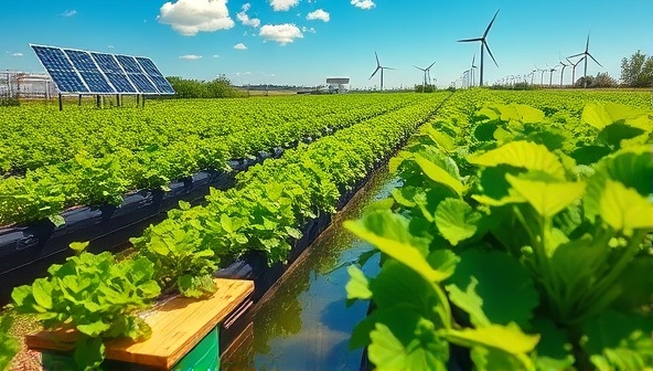 A picturesque scene of a vibrant aquaponics farm with lush green plants growing alongside fish tanks, powered by solar panels and wind turbines in the background, symbolizing a harmonious and sustainable agricultural ecosystem at EcoAquaponix Farms.