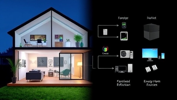 A smart home visualization showcasing energy-efficient devices and automated systems in action.