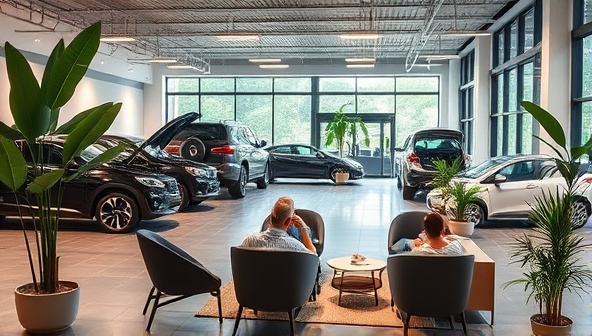 An inviting and modern wellness center with cars undergoing maintenance in the background, while owners relax in a serene lounge area with comfortable seating, green plants, and soft lighting, creating a harmonious and rejuvenating atmosphere for both cars and owners.