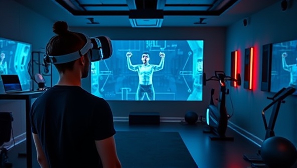A futuristic home gym setup with a person wearing a VR headset, engaging in a virtual workout session with a digital trainer projected in the room, surrounded by high-tech fitness equipment, showcasing the innovative and immersive training experience.