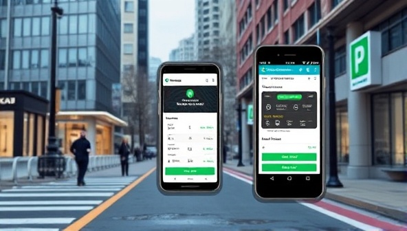 An urban street scene with a digital overlay showcasing the ParkWise Tech app in action, highlighting available parking spots, reservation options, and seamless payment features, illustrating the convenience and efficiency of the smart parking solution.