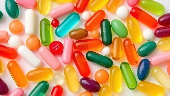 An artistic composition of various colorful supplement capsules arranged in a visually appealing pattern, conveying the concept of personalized health and wellness through supplements.