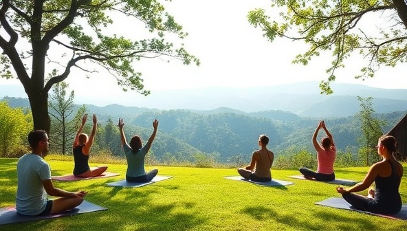 A serene image of the Mindful Tech Detox Retreat showcasing a peaceful outdoor setting with participants engaging in mindfulness practices, yoga poses, and nature walks, surrounded by lush greenery, tranquil scenery, and a sense of calm and rejuvenation, capturing the essence of digital detox and mindful relaxation.