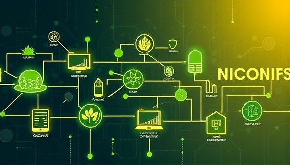 An illustration of a blockchain network connecting organic farms, distributors, and retailers in a secure and transparent supply chain, with digital blocks representing each stage of production and distribution, demonstrating the integrity and trustworthiness of organic produce traceability.