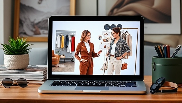A virtual fashion styling consultation scene displayed on a laptop screen, featuring a stylist curating outfits and providing fashion advice to a client, surrounded by fashion magazines, fabric swatches, and style accessories, creating a chic and stylish consultancy setting.