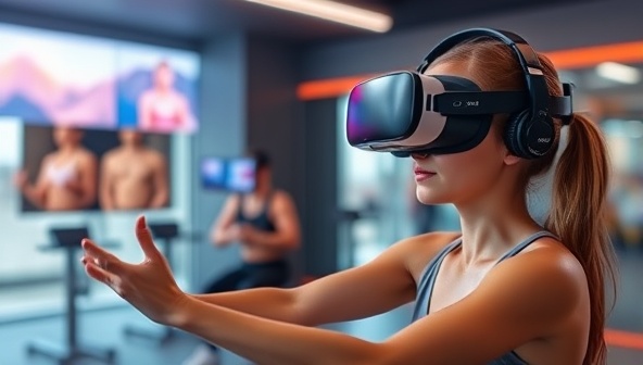 An immersive virtual reality scene showing a user wearing a VR headset, exercising in a virtual gym environment with a digital fitness coach guiding the workout, showcasing the futuristic and interactive nature of the platform.